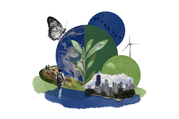 Un globo terráqueo e imágenes que ilustran el clima y la salud